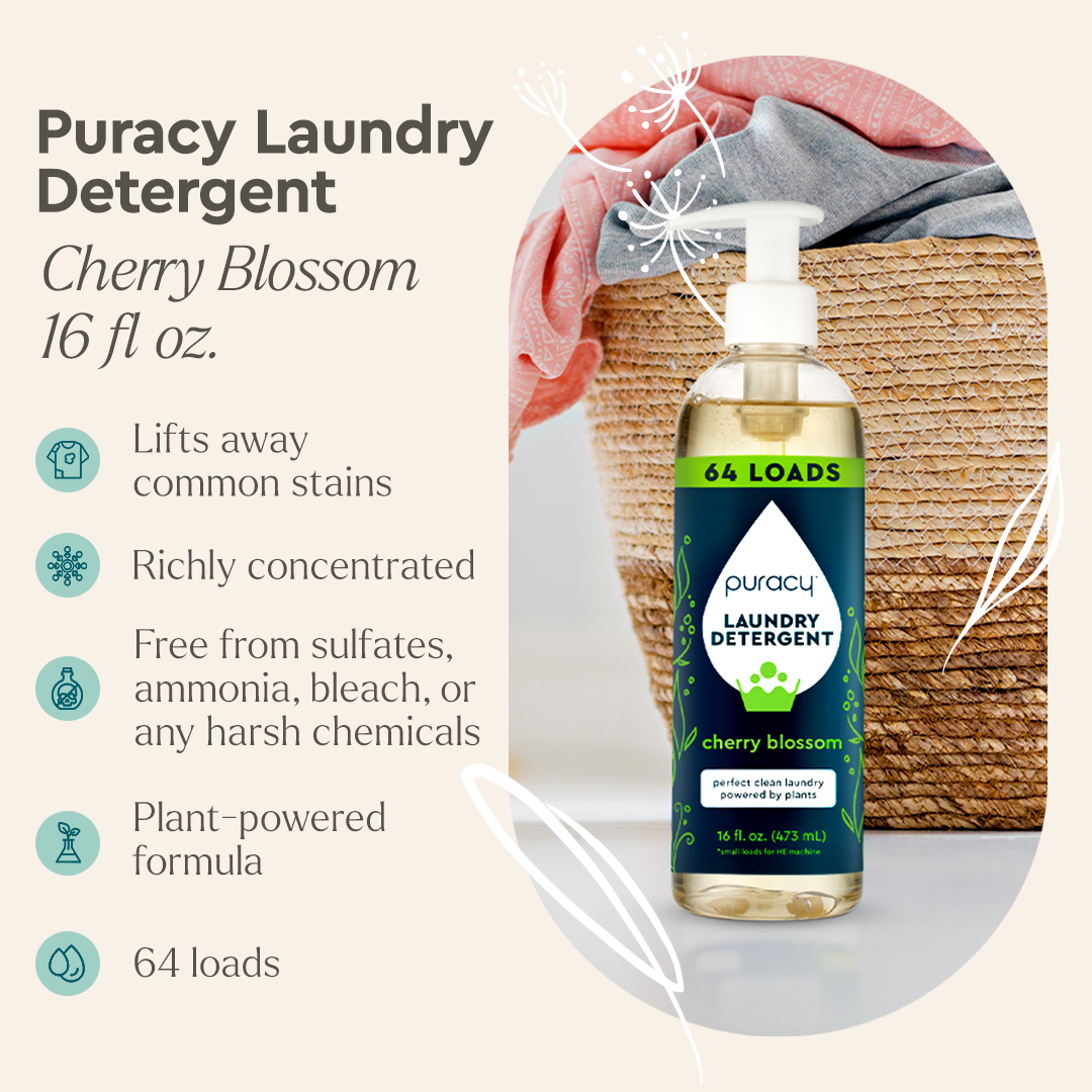 Puracy concentrated sulfate-free laundry detergent bottle with white and green label showing cleaning symbols and product details.