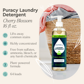 Puracy concentrated sulfate-free laundry detergent bottle with white and green label showing cleaning symbols and product details.
