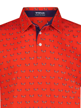 Close-up of White Water Life Independence Performance Polo showing the collar, logo, and fabric texture.