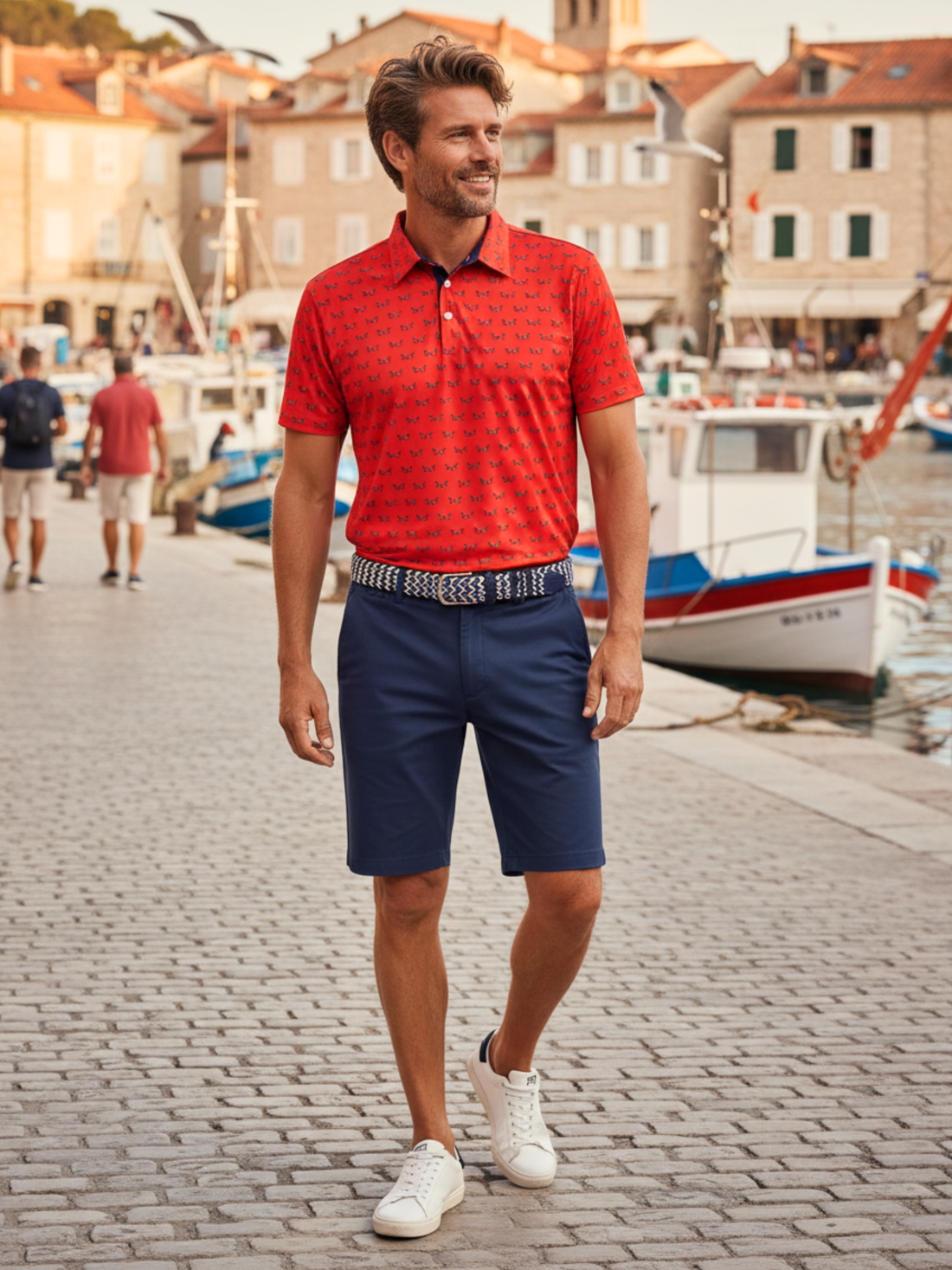 Navy Independence Performance Polo shirt by White Water Life displayed with shorts, casual outdoor clothing for active wear.