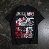 Black Neck Snap T-Shirt by Any Means Necessary Clothing featuring a bold back graphic design on a casual shirt.