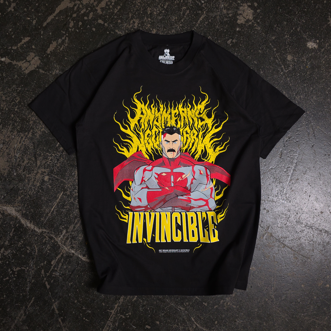 Black Omni-Man T-shirt from Any Means Necessary Clothing featuring a front view of the Invincible hero graphic.