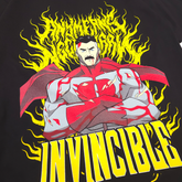 Close-up of Omni-Man T-shirt from Any Means Necessary Clothing featuring detailed graphic of Omni-Man from Invincible.