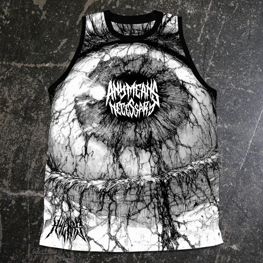 Front view of an Iris Jersey shirt by Any Means Necessary Clothing, featuring a sleek design and comfortable fit.
