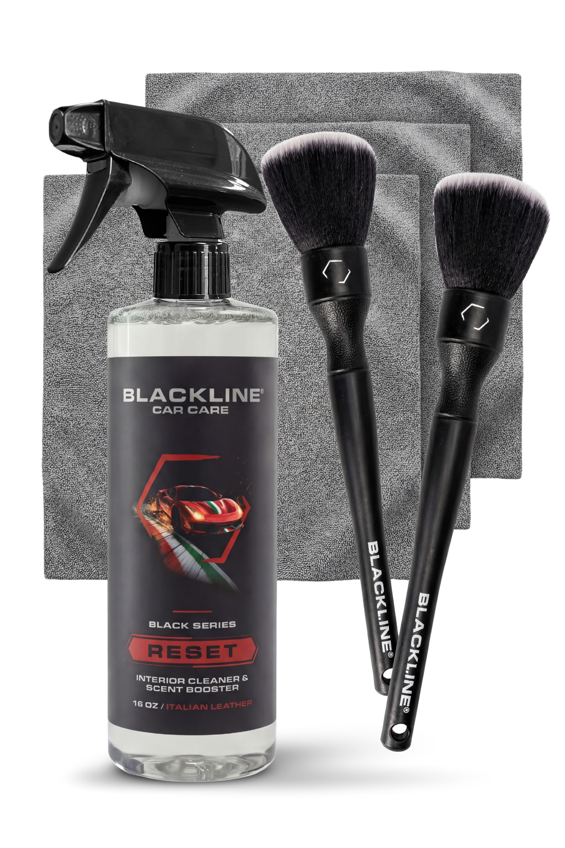 Blackline Car Care ultra-soft detail brushes set with Italian leather handles, designed for gentle automotive cleaning.