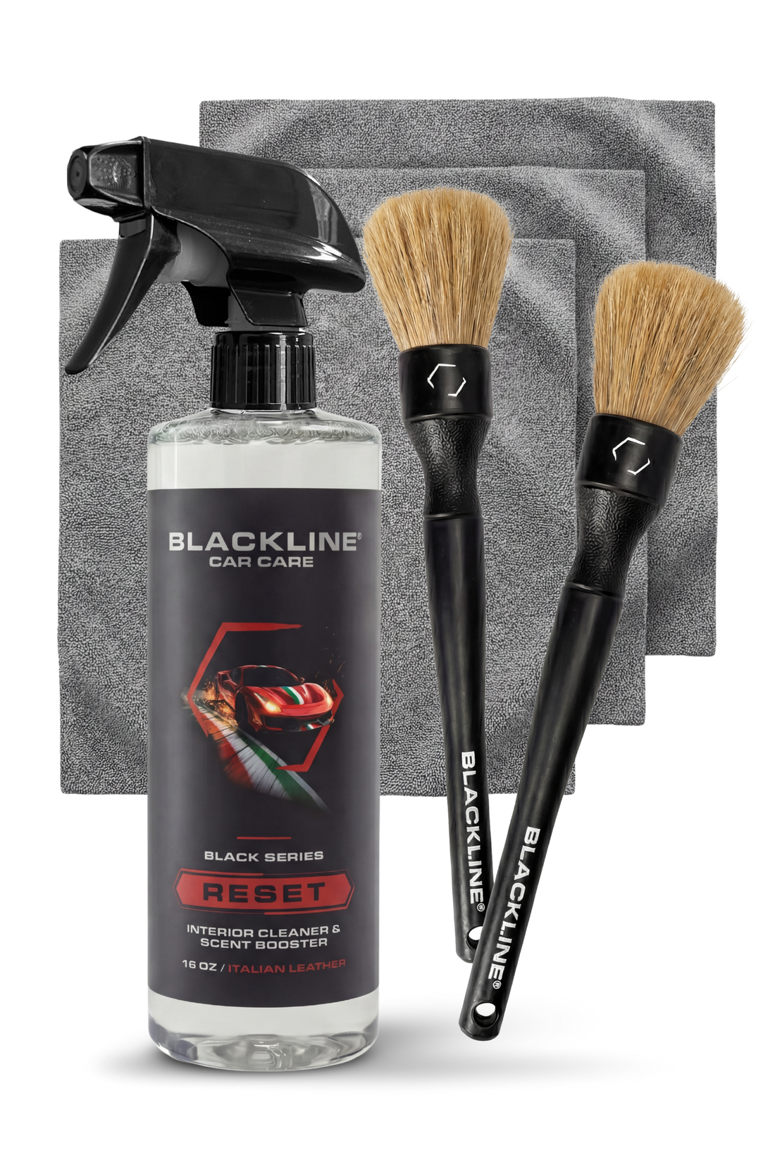 Blackline Car Care BLACKLINE® Reset interior cleaner and scent booster in Italian Leather scent, showing spray bottle and product label.