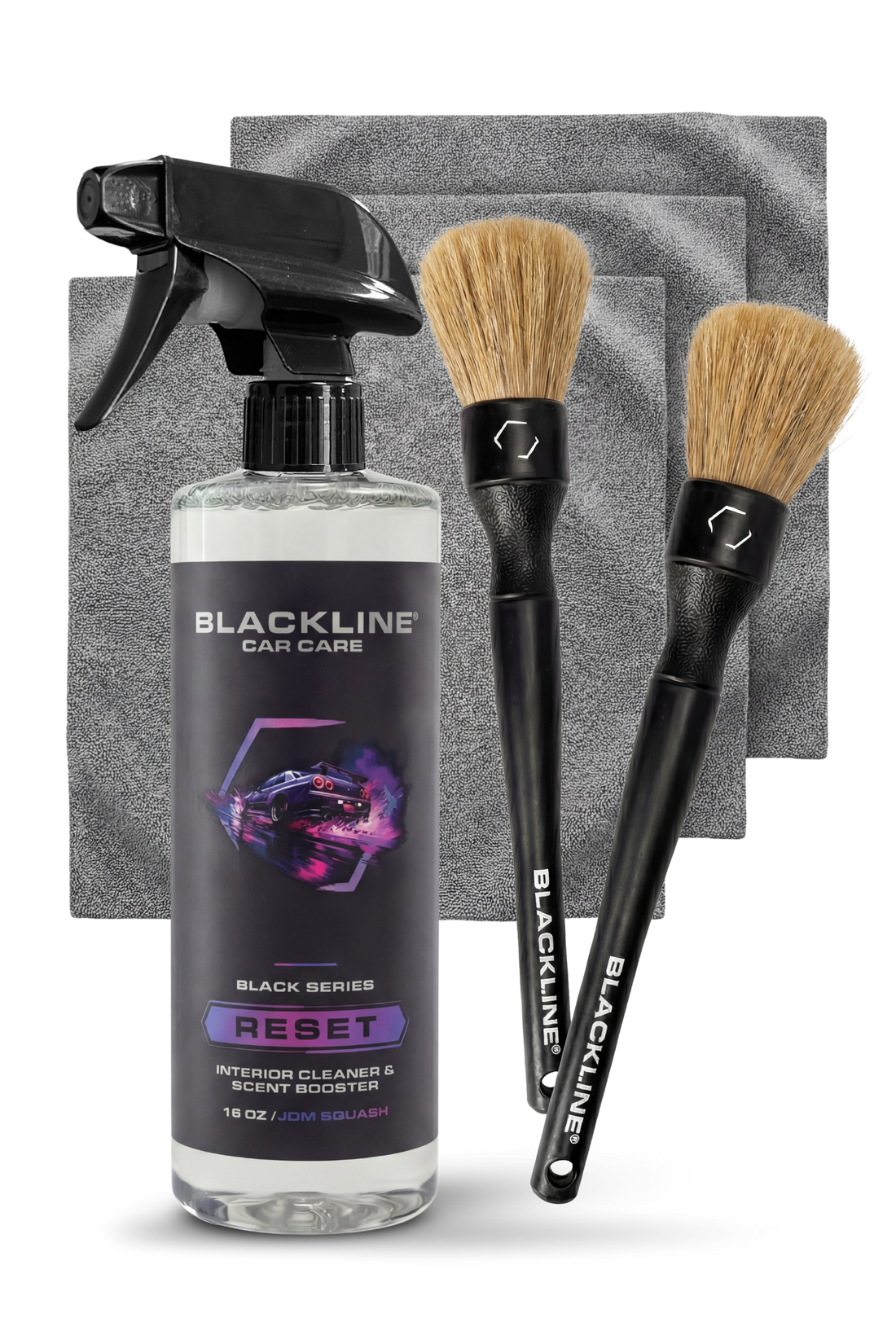 Blackline Car Care BLACKLINE® Reset Interior Cleaner and Scent Booster spray bottle with label and branding.