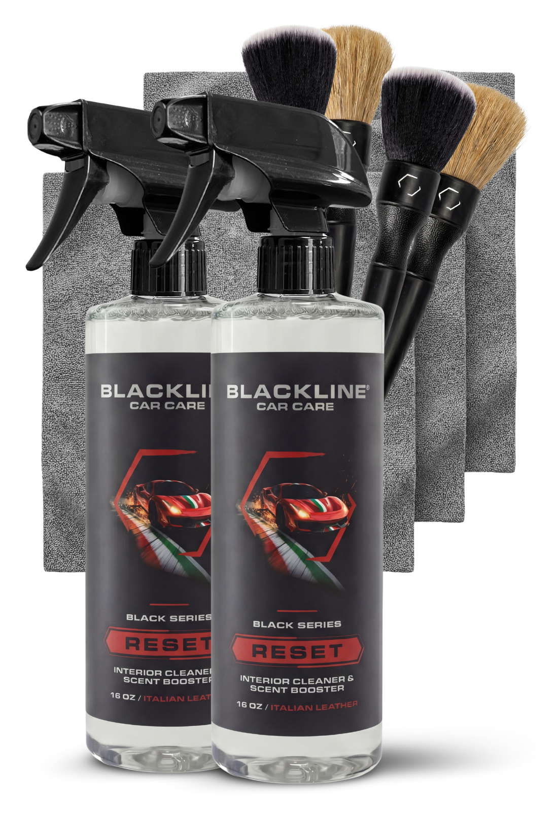 Blackline Car Care BLACKLINE® Reset interior cleaner and scent booster bottle on a clean surface.