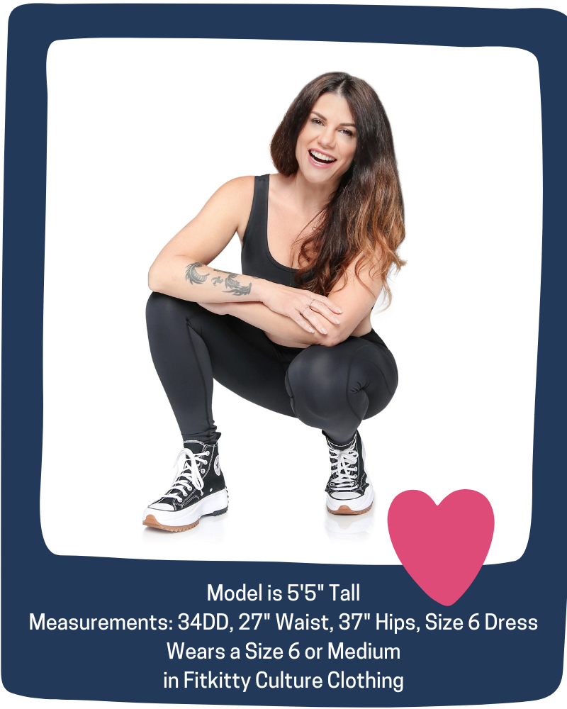 Jacquie wearing Fitkitty Culture BodyLove high-rise leggings, stylish black leggings with a textured jacquard pattern for activewear or yoga.