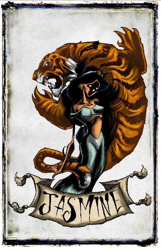 Disney Darkness Prints poster featuring Jasmine from Disney, showcasing her in a detailed and artistic illustration style.