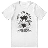 Join Our Coven Cat T-Shirt by Yūjin Clothing featuring a playful cat graphic and mystical design on a comfortable cotton tee.