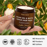 Maree Argan Oil and Biotin Hair Repair Mask with jojoba oil, shown in a jar with creamy texture, ideal for nourishing damaged hair.