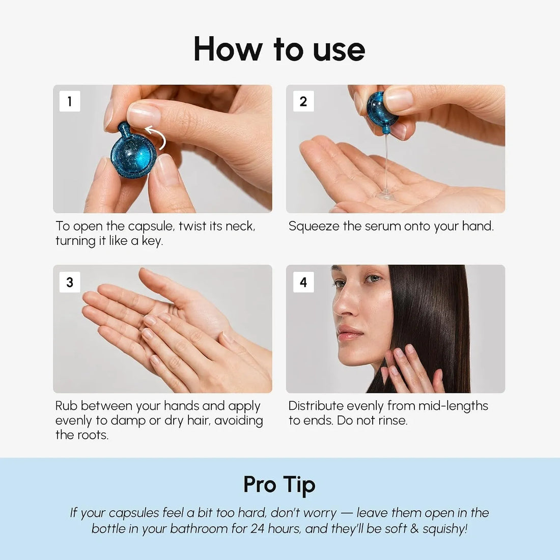 Maree keratin oil capsules for frizz control, showing sleek capsules in a clear container on a white background.