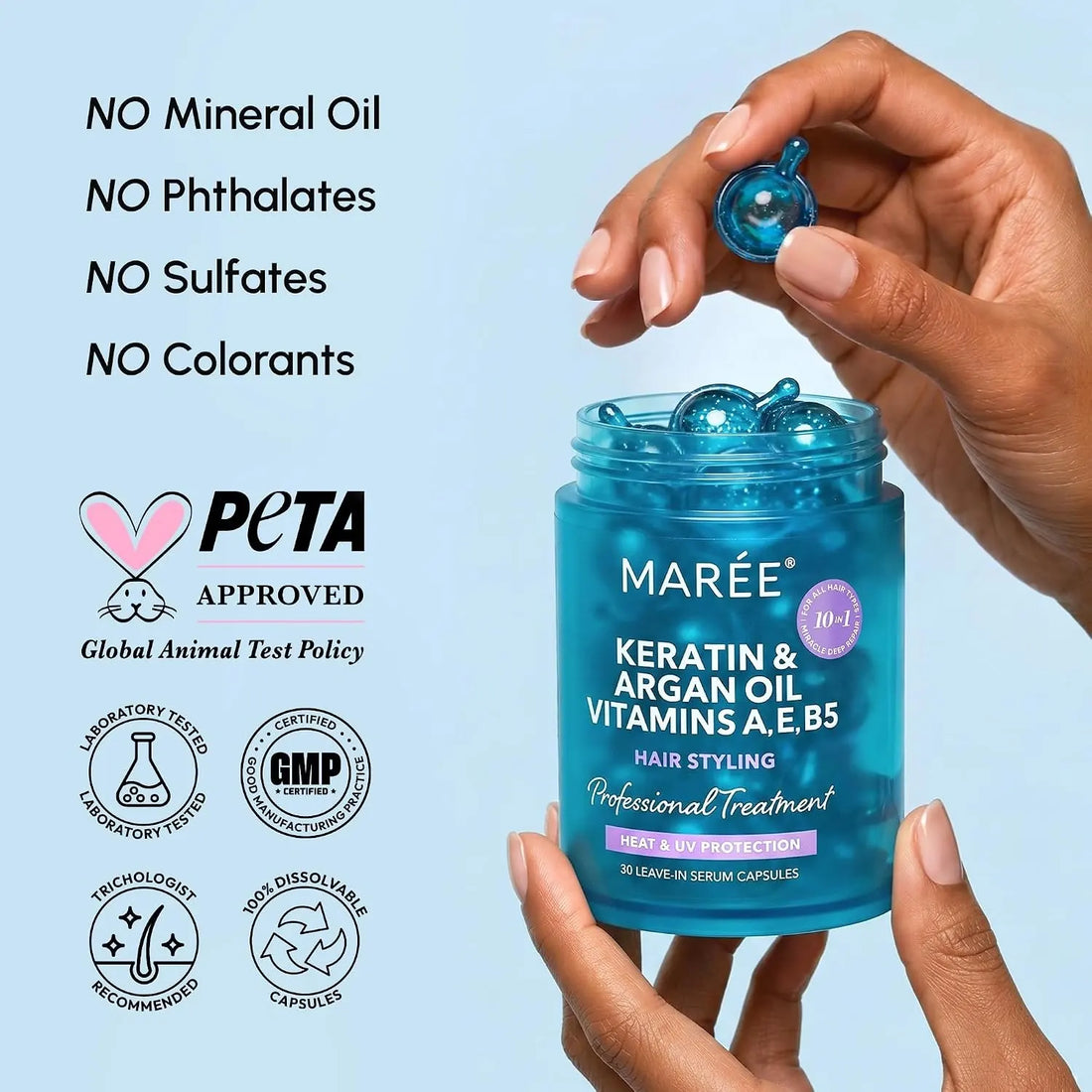 Maree keratin oil capsules for frizz control, showing sleek capsules in a transparent container on a white background