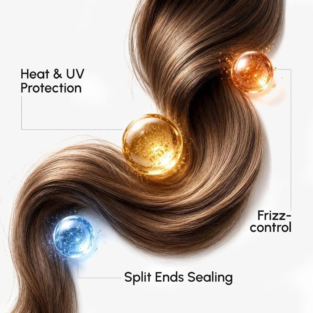 Maree Keratin Oil Capsules for frizz control, showing capsules with shiny, smooth hair strands in the background