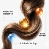 Maree Keratin Oil Capsules for frizz control, showing capsules with shiny, smooth hair strands in the background