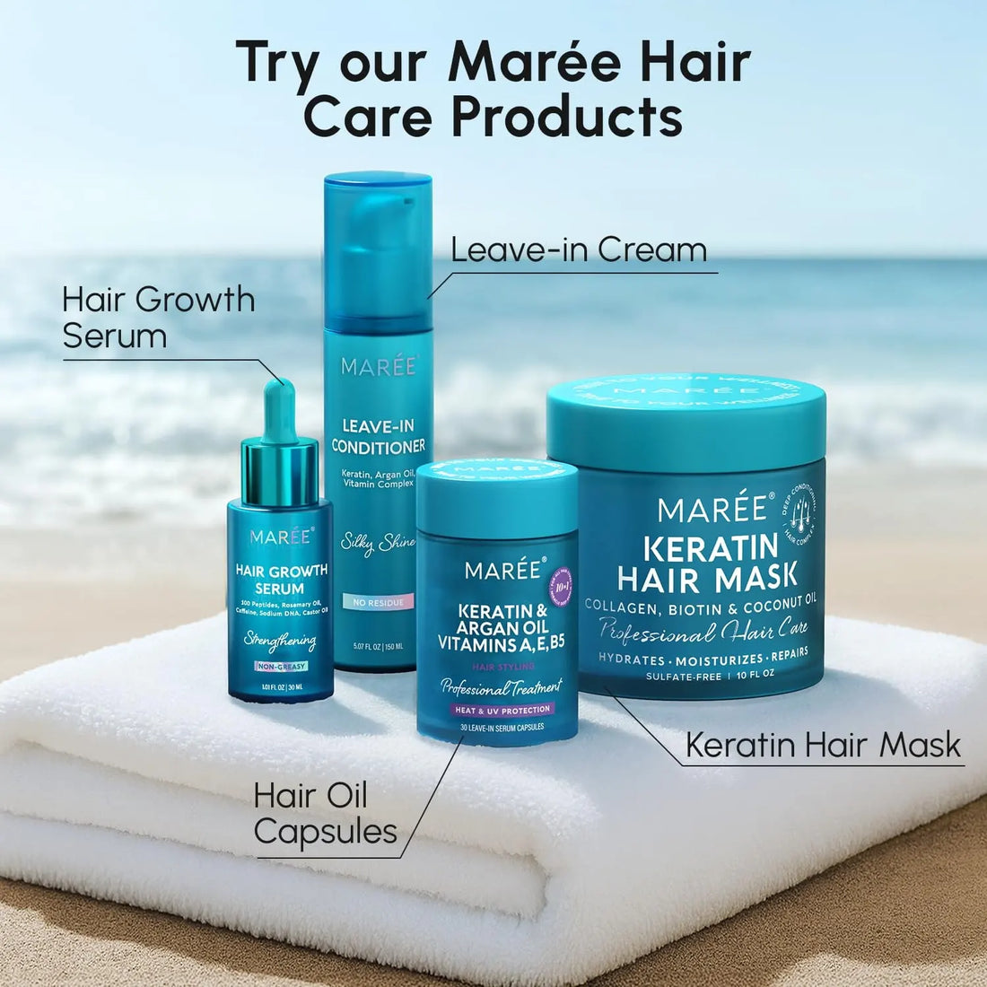Maree keratin oil capsules for frizz control, showing smooth capsules and a sleek bottle against a neutral background.