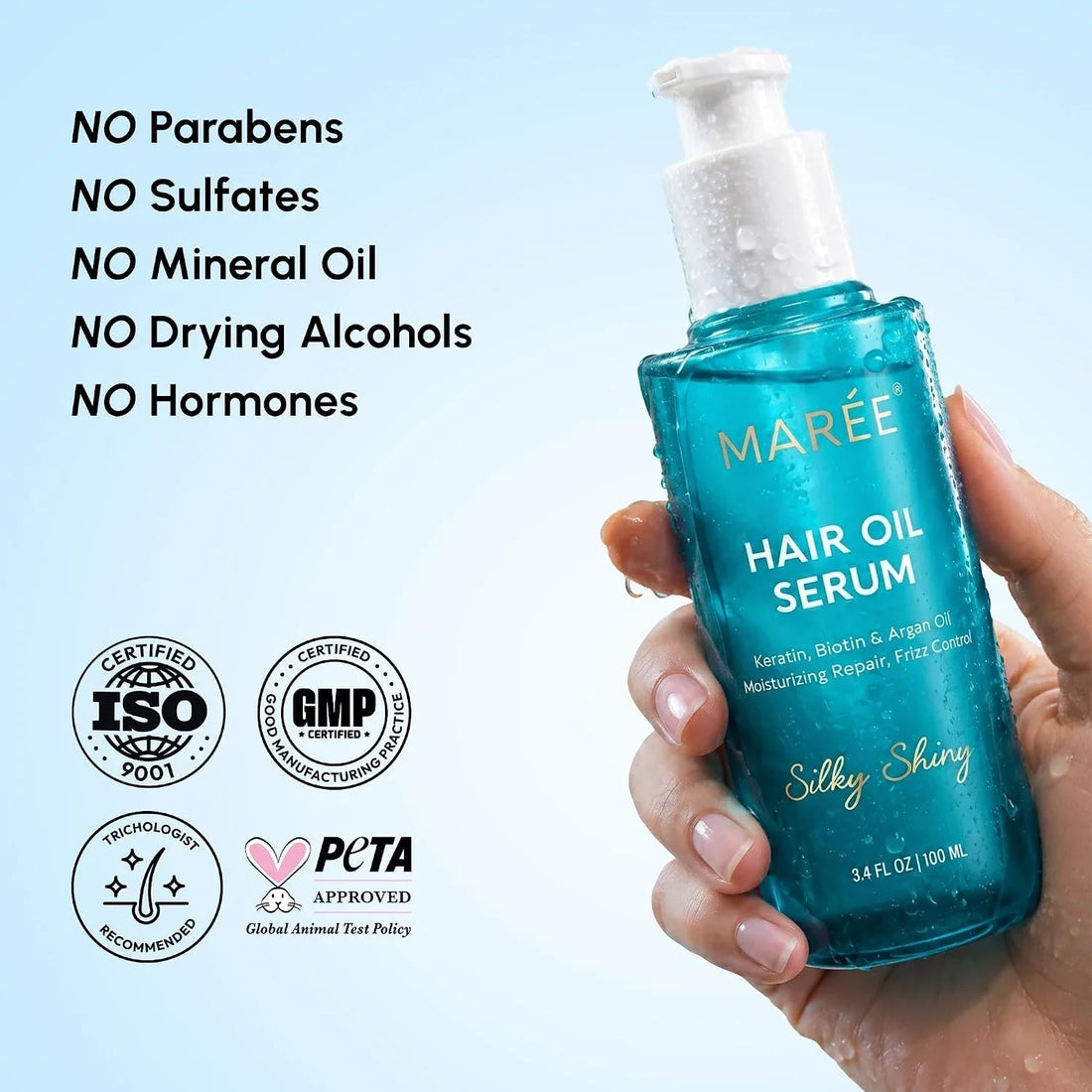 Maree Keratin Oil Serum for smooth, shiny hair with nourishing keratin, displayed in a sleek bottle on a white background.