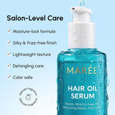 Maree keratin oil serum for smooth, shiny hair in a sleek bottle, showing the product label and applicator tip.