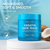Maree Keratin Hair Mask for damaged hair, creamy treatment in a jar with smooth texture, designed to repair and restore hair.
