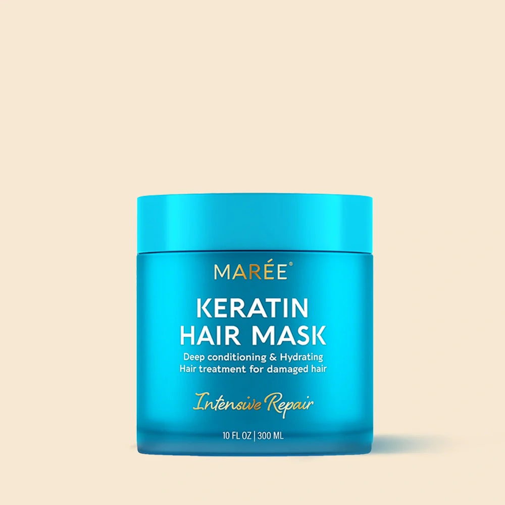 Maree Keratin Mask for Damaged Hair, creamy treatment in a jar, designed to repair and strengthen frizzy, brittle hair.