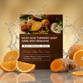 Maree Turmeric Kojic Soap and Scrub bar with natural ingredients, shown in a close-up image highlighting its texture and packaging.