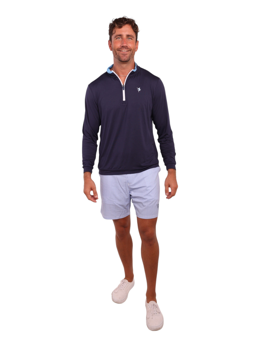 White Water Life Long Beach quarter zip long sleeve shirt in navy, lightweight and ultra soft fabric, displayed on a plain background