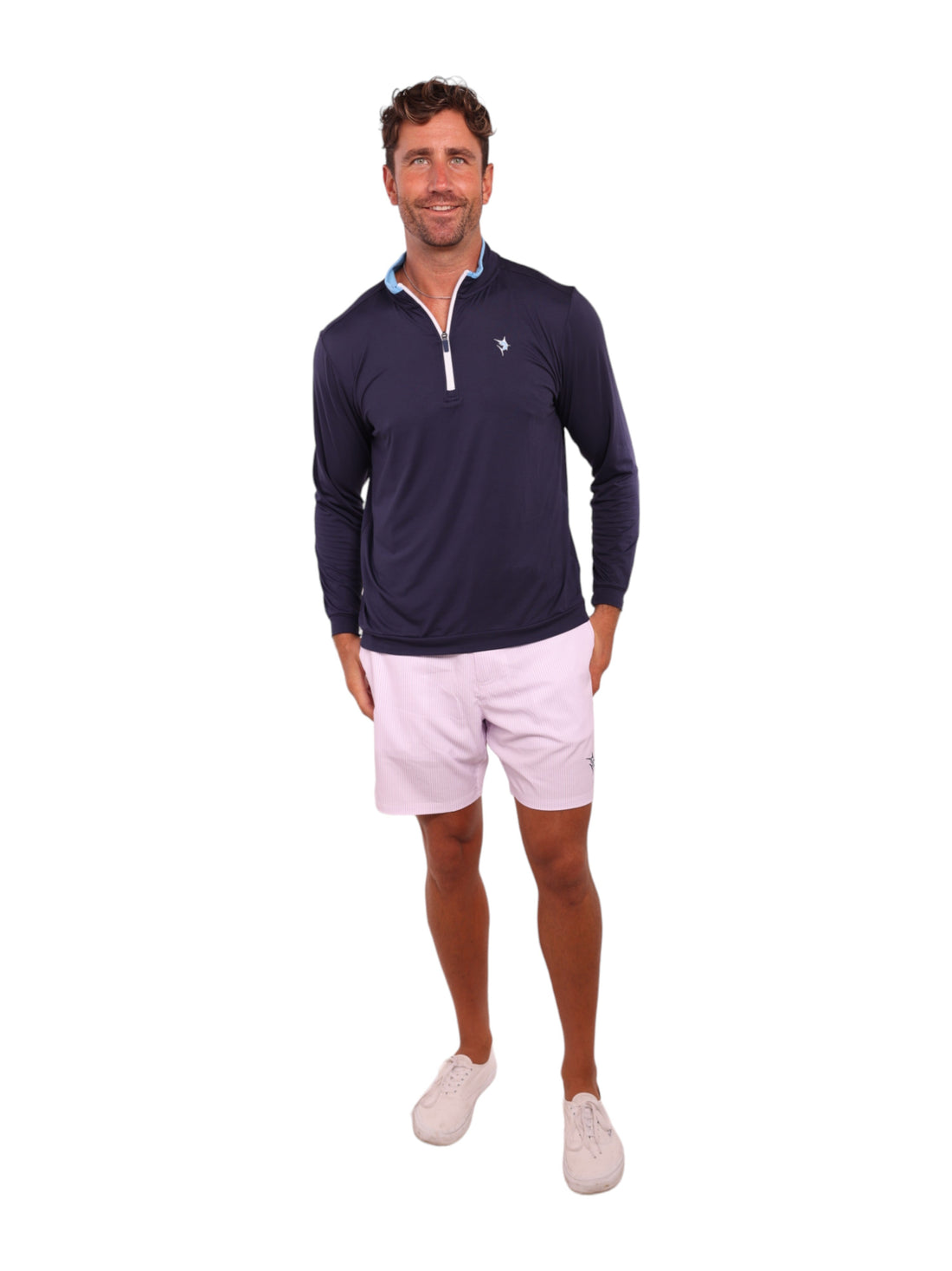 White Water Life Long Beach quarter-zip long sleeve shirt in navy and pink gingham, lightweight and ultra-soft fabric.