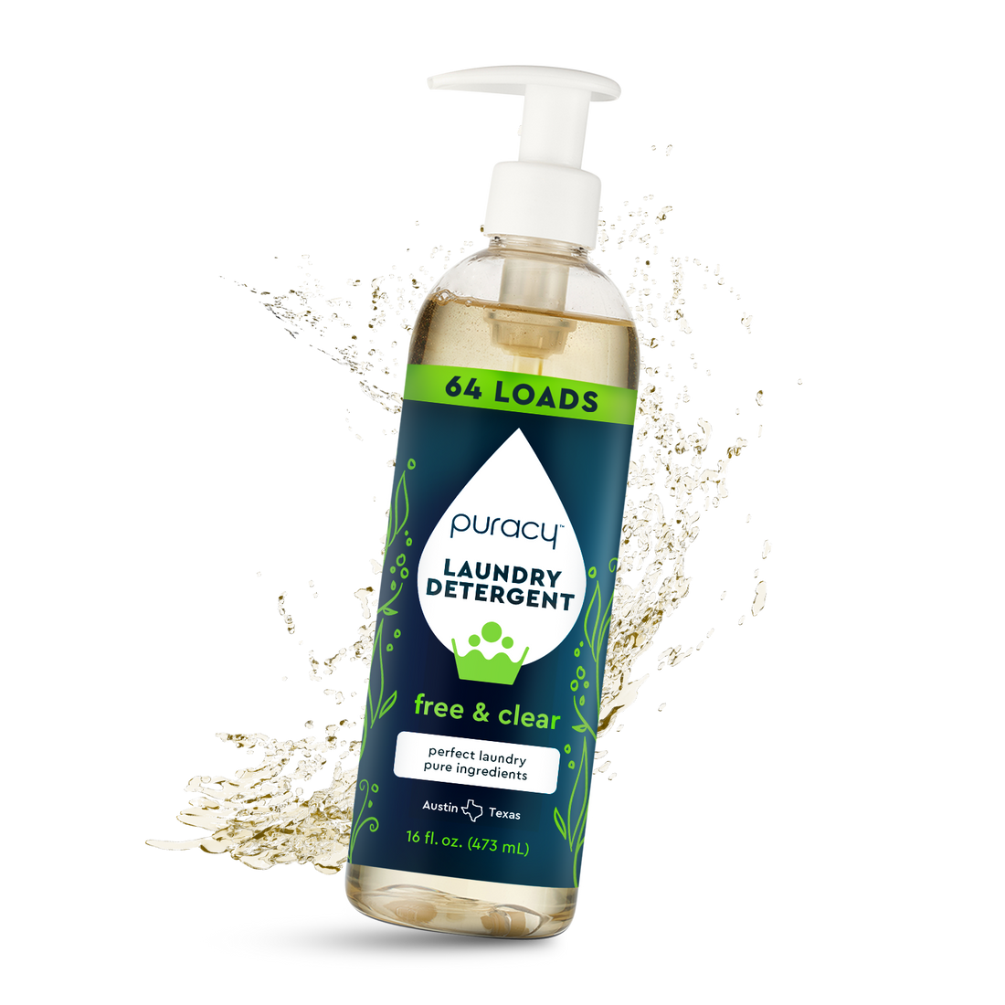 Puracy concentrated sulfate-free laundry detergent bottle with a clean label and fresh scent, suitable for all laundry types.