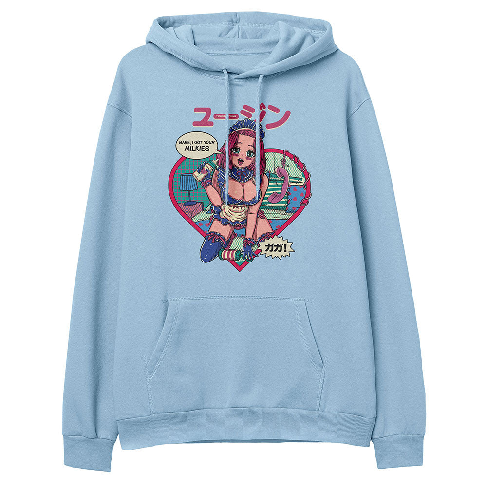 Yūjin Clothing Got Your Milkies hoodie showing a soft, gray hoodie with a front pocket and casual fit.