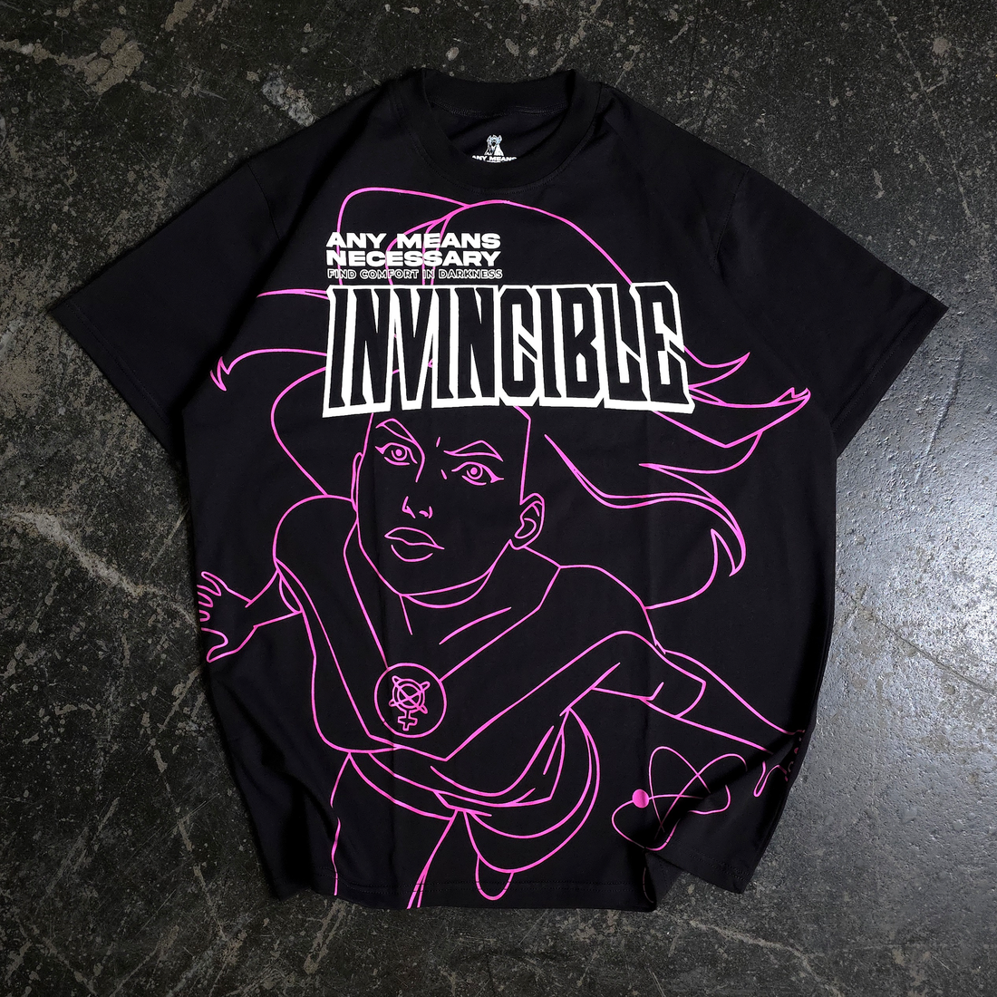 Black Atom Line Art Series T-shirt by Any Means Necessary Clothing, front view showcasing minimalist line art design.