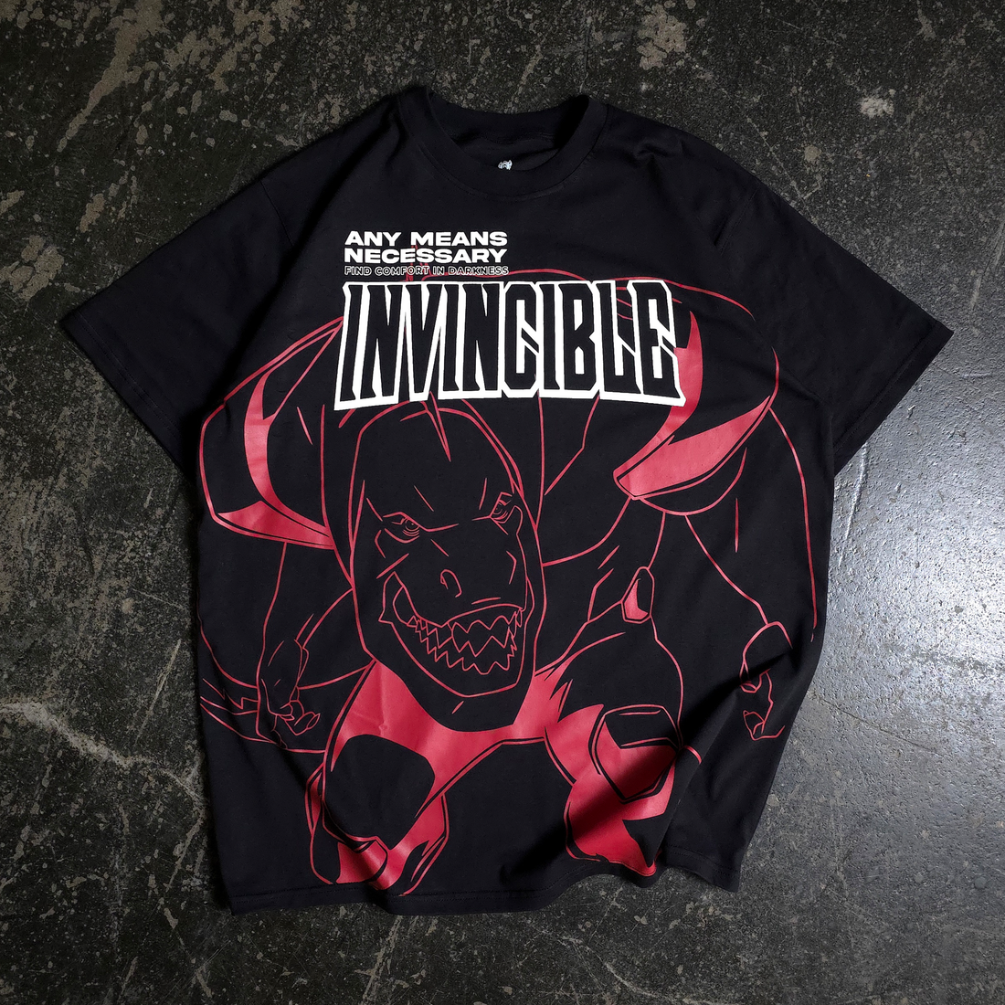 Black Dinosaurus Line Art Series T-shirt by Any Means Necessary Clothing, featuring a detailed dinosaur line art graphic on the front.