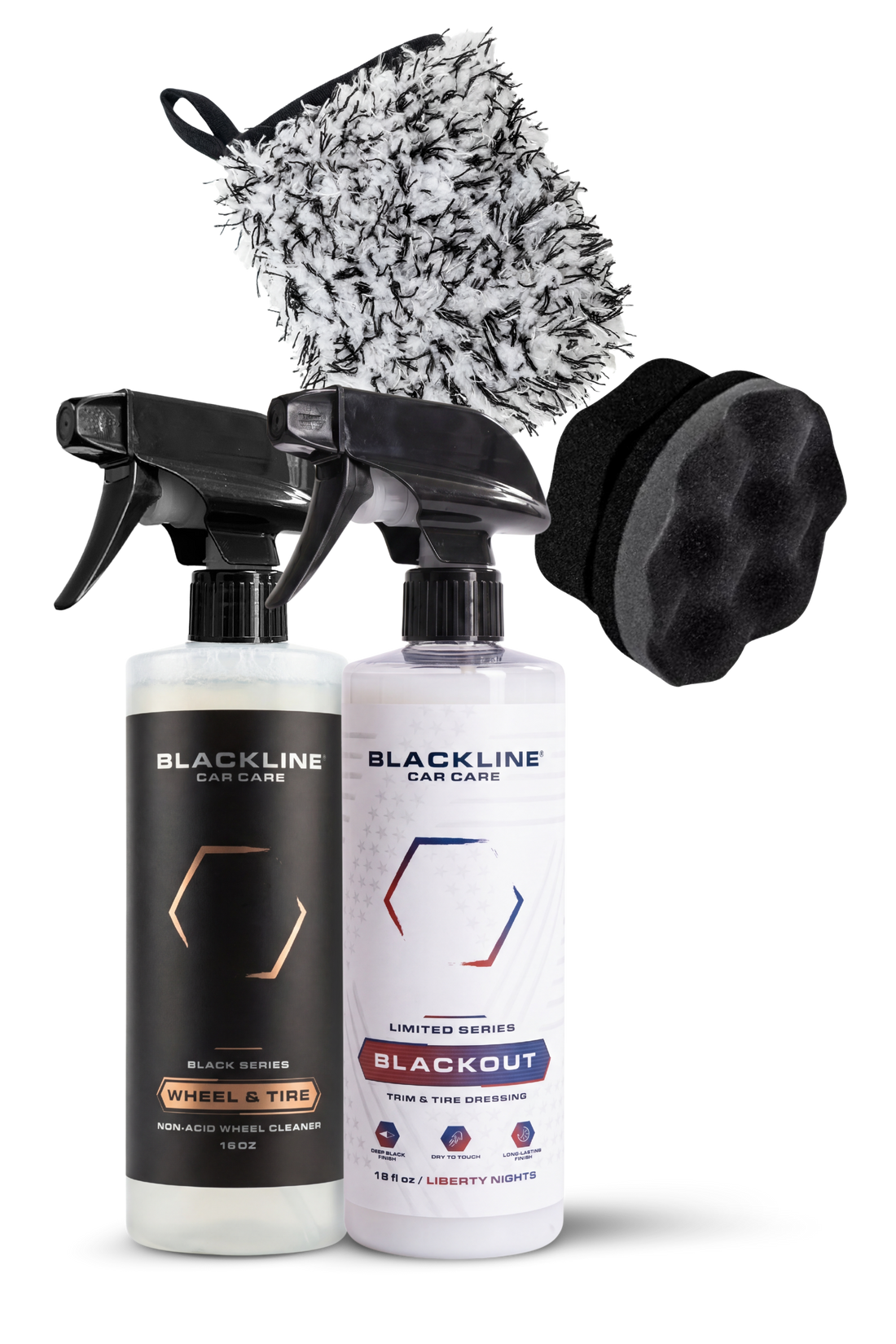 Blackline Car Care BLACKLINE® Blackout Trim &amp; Tire Dressing spray bottle, ready to enhance vehicle trim and tires.
