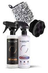 Blackline Car Care BLACKLINE® Blackout Trim and Tire Dressing spray bottle with black and white label and nozzle for easy application