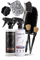 Blackline Car Care BLACKLINE® Blackout Trim & Tire Dressing spray on vehicle trim and tires for a sleek, polished look.