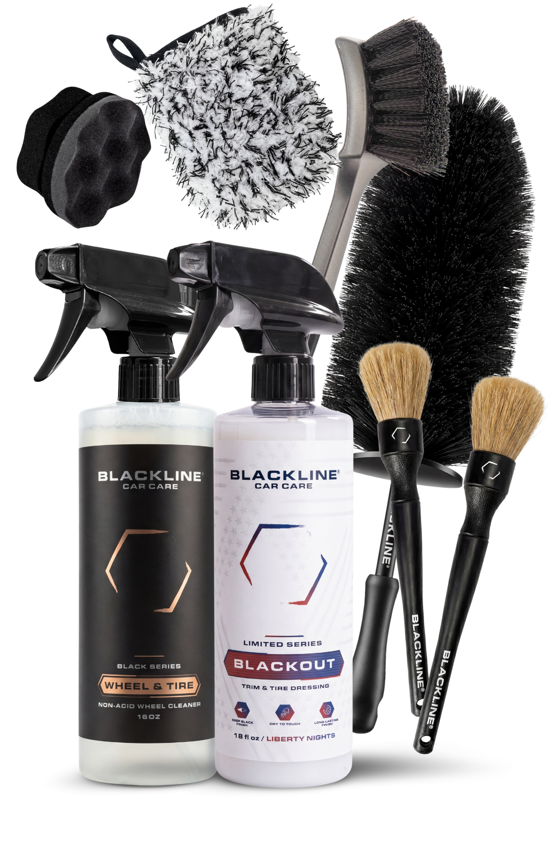 Blackline Car Care BLACKLINE® Blackout Trim &amp; Tire Dressing spray showing a black aerosol can with product label and spray nozzle.