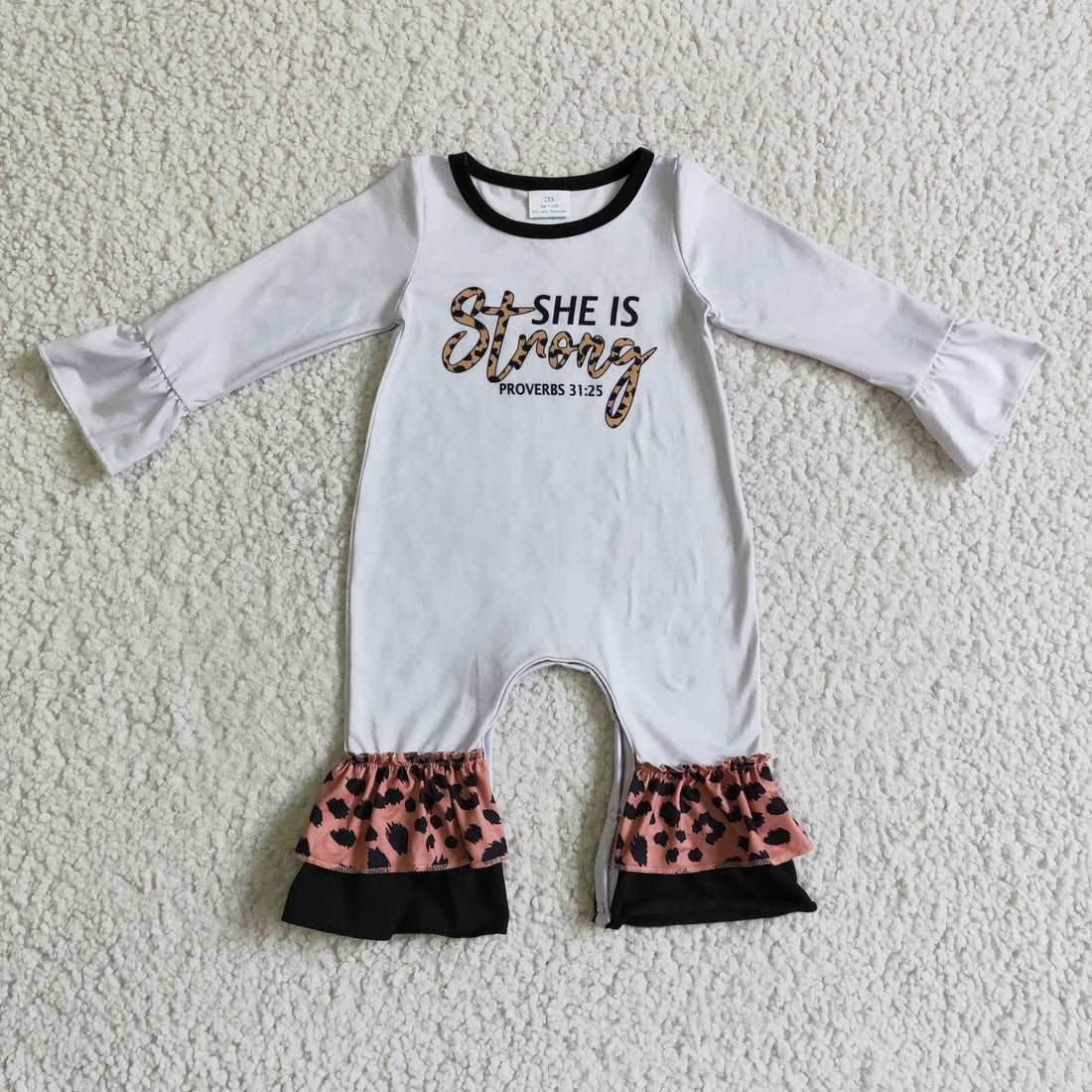 She is strong leopard long sleeves baby girls romper