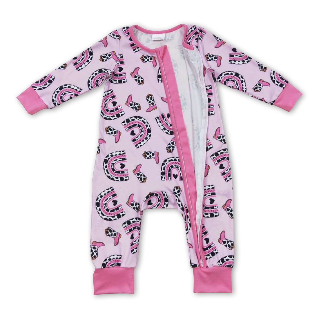 Pink cow print rainbow boots baby girls zipper romper