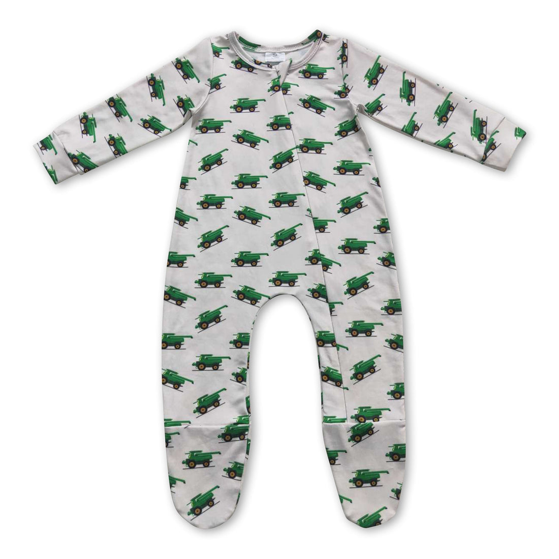 Green tractor long sleeves baby boy zipper footed coverall