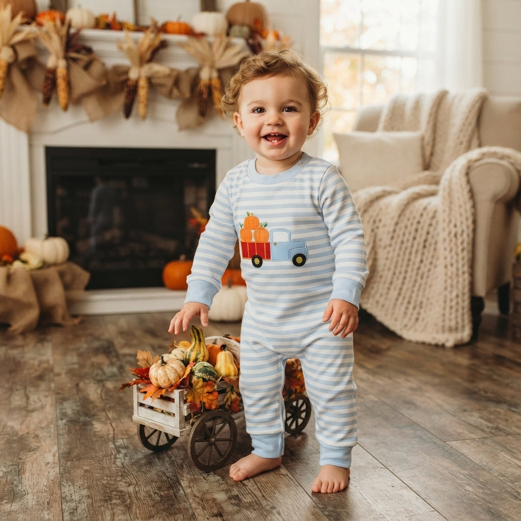 Light blue stripe pumpkin truck embroidery boy fall romper