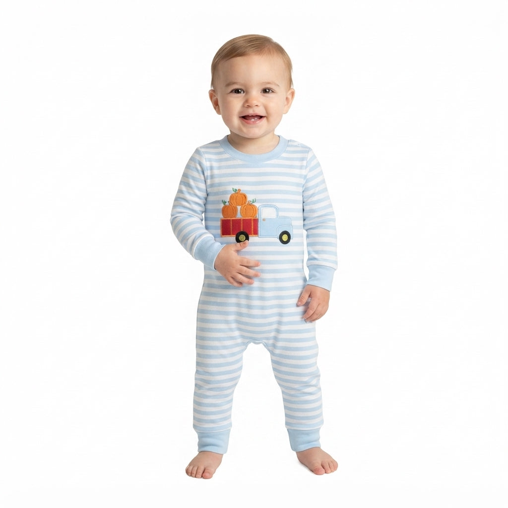 Light blue stripe pumpkin truck embroidery boy fall romper