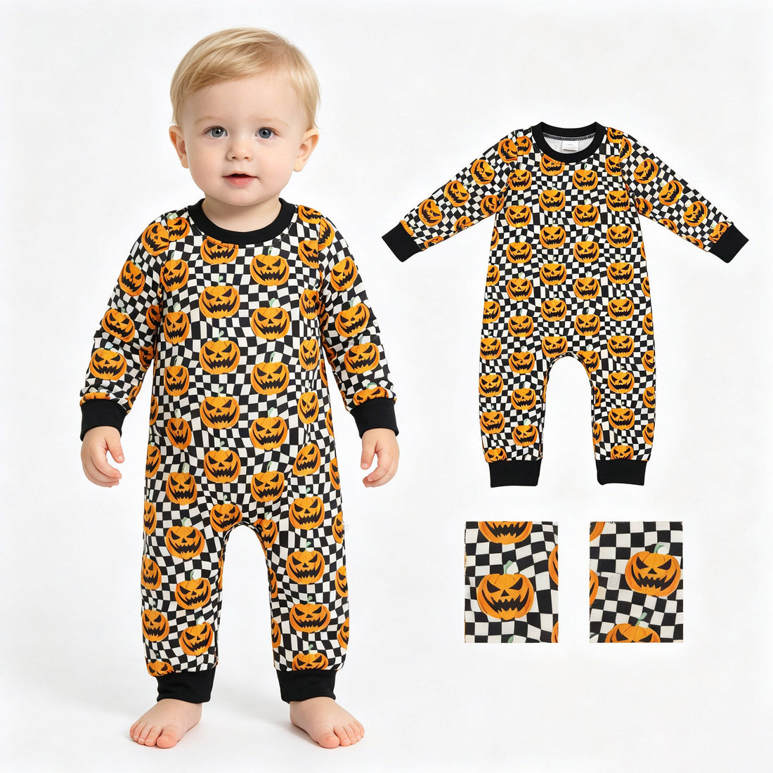 Long sleeves black plaid pumpkin boy Halloween romper