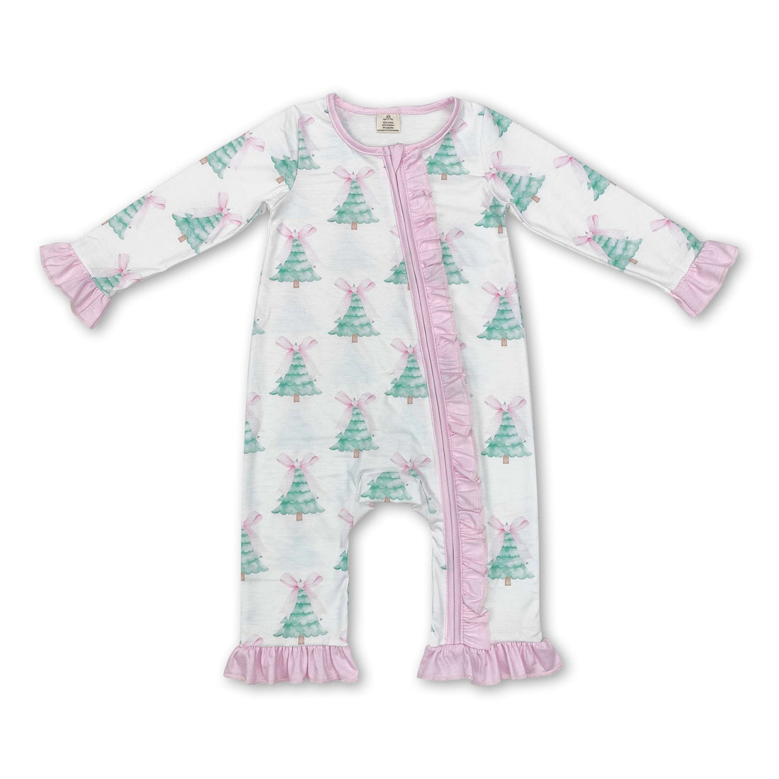 Pink bow Christmas tree baby girls zipper romper