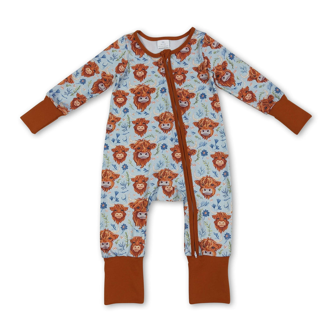 Mini Rodeo Highland cow floral girl sleeper romper for baby girls featuring zipper closure and cute Western cow design.