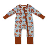 Mini Rodeo Highland cow floral girl sleeper romper for baby girls featuring zipper closure and cute Western cow design.