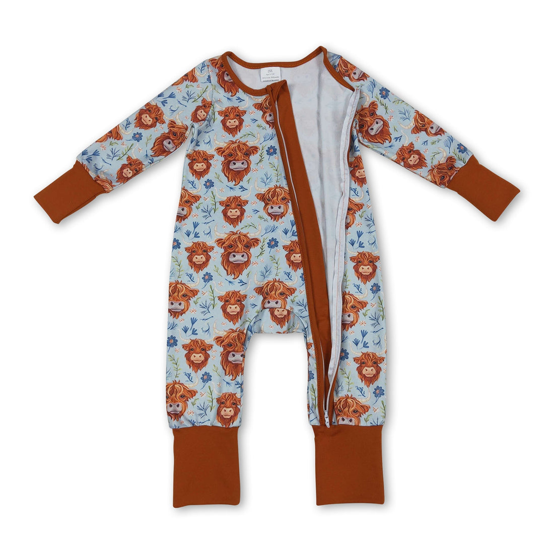 Mini Rodeo Highland cow floral western girl zipper romper for baby girls, featuring a cute cow and floral print design.