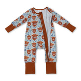 Mini Rodeo Highland cow floral western girl zipper romper for baby girls, featuring a cute cow and floral print design.