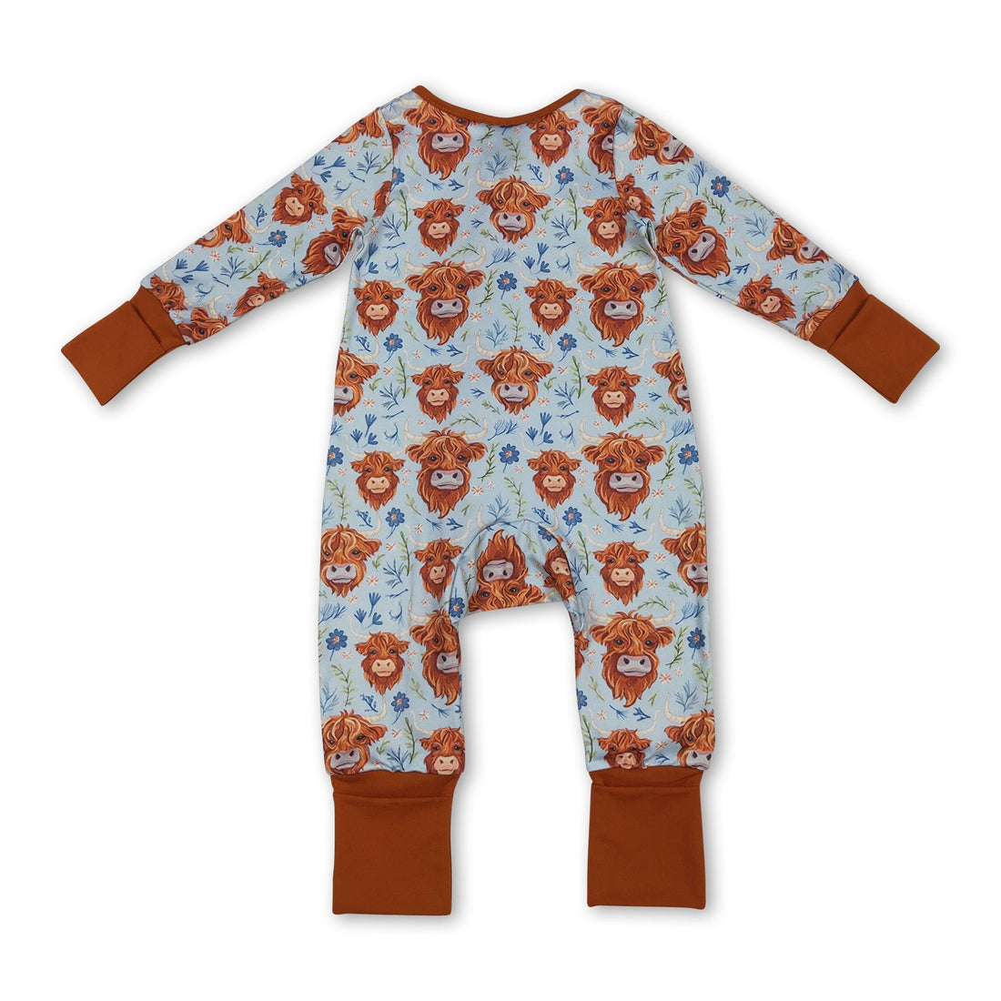 Mini Rodeo Highland cow floral western girl sleeper romper featuring a zipper closure and cute cow print for baby girls.