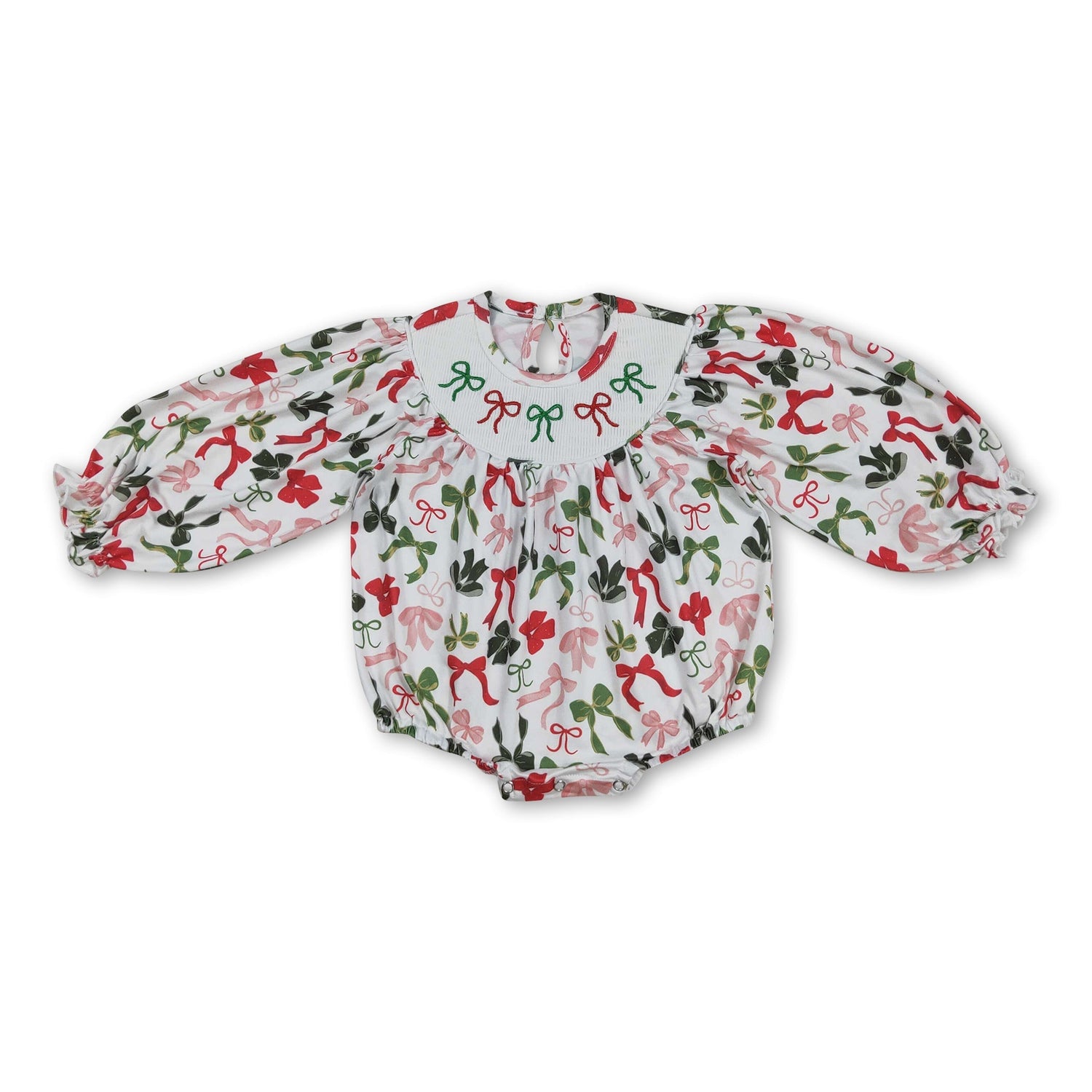 Long sleeves green red bow girls Christmas romper