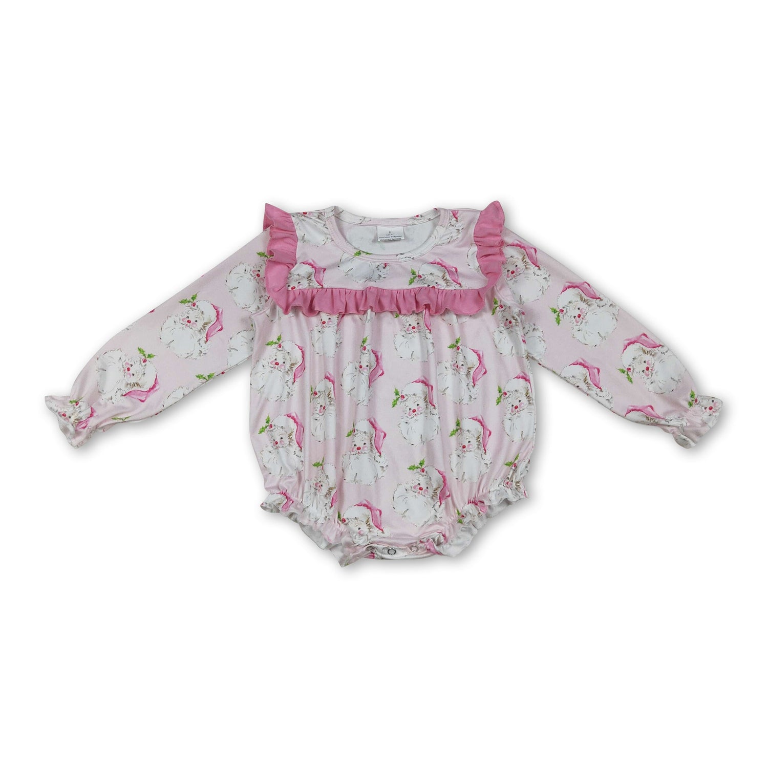 Long sleeves pink ruffle santa baby girls Christmas romper